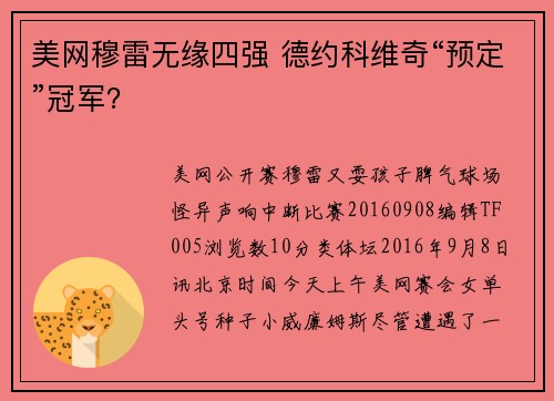 美网穆雷无缘四强 德约科维奇“预定”冠军？